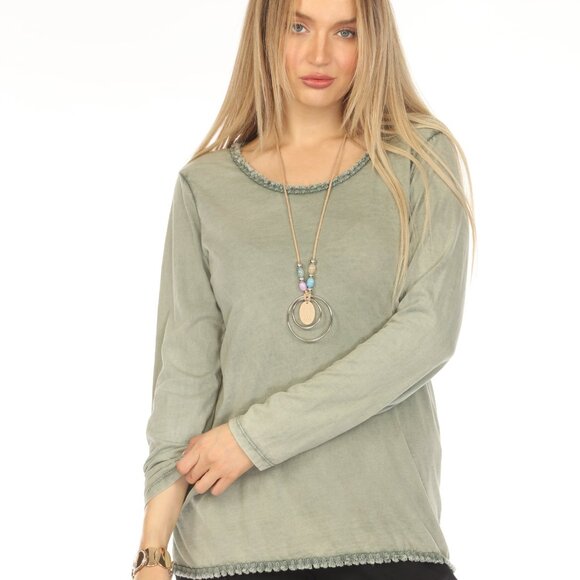 Olive 100% Cotton Fringe Neck Top - Picture 5 of 5